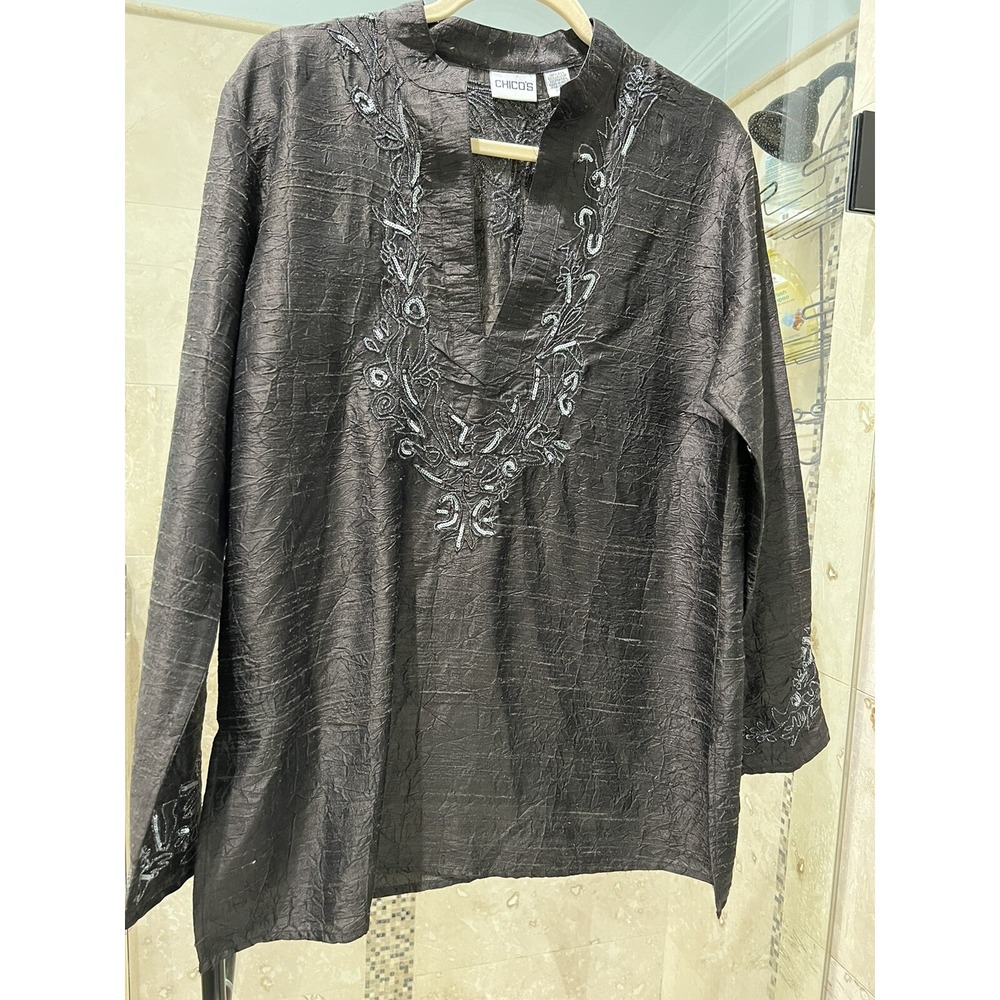 Chicos Brown Raw Silk Blouse 2 Long Sleeve Sequin Embroidered V Neck Tunic